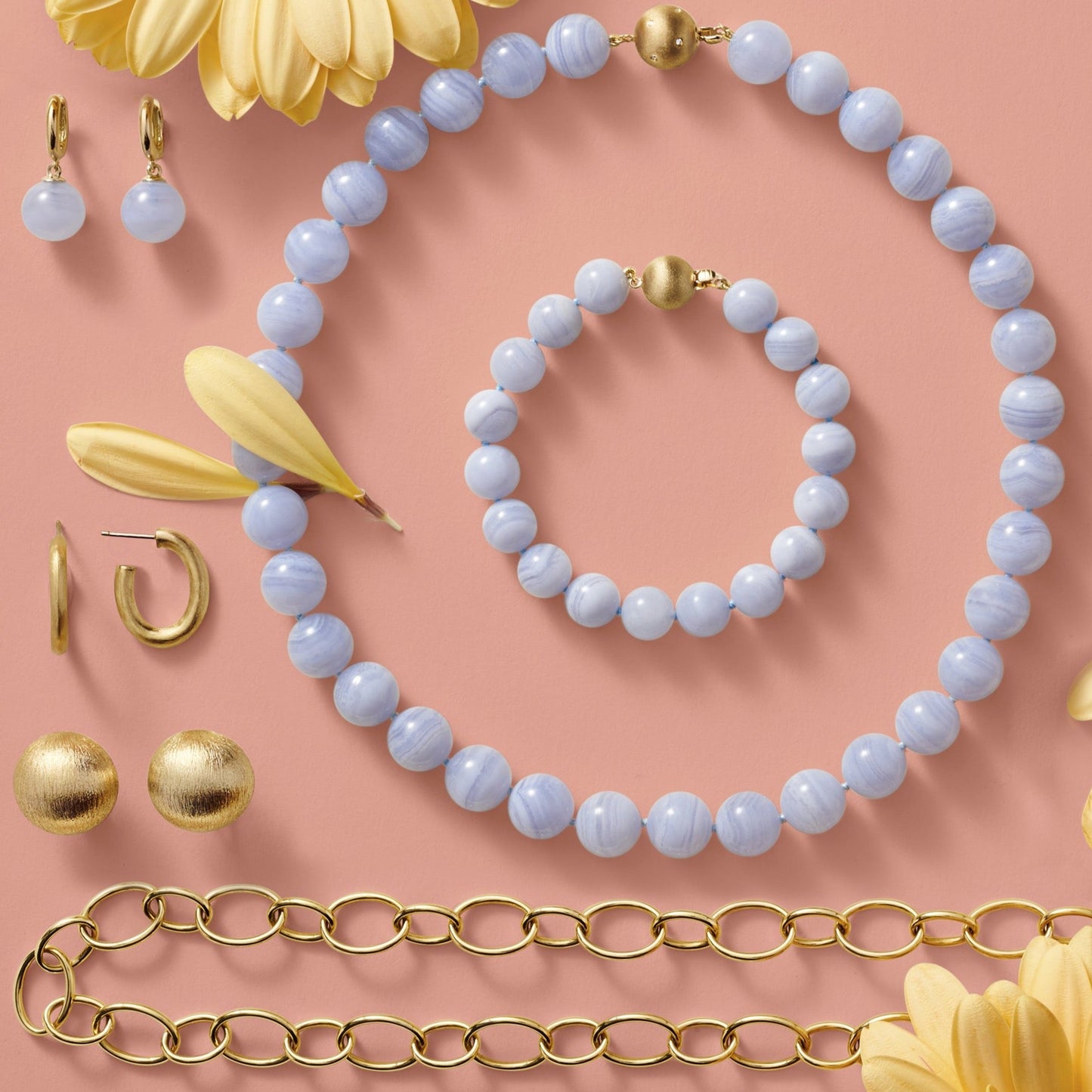 Gold Hoop & Blue Lace Agate Bead Earrings