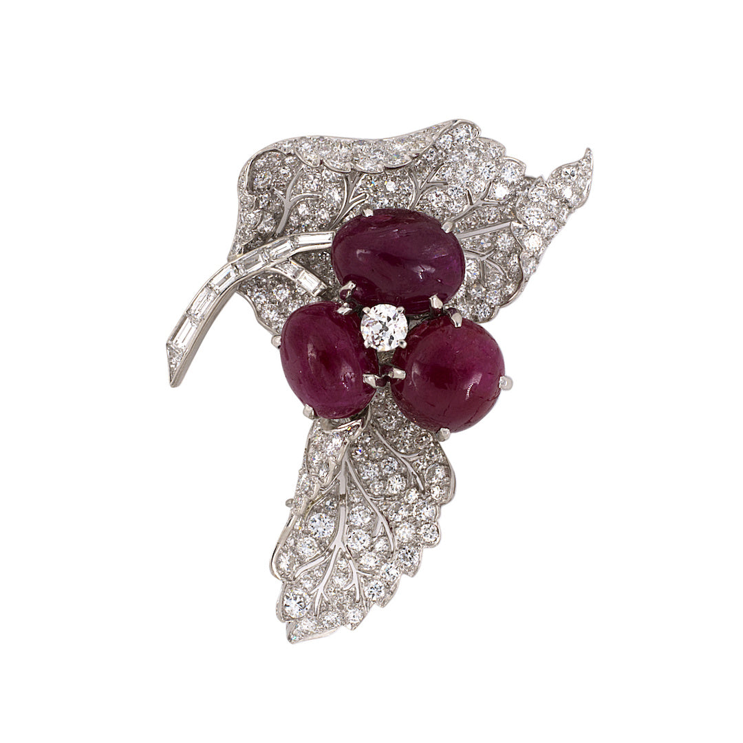 Estate Art Deco Diamond Floral Leaf Pin with Changeable Sapphire & Ruby Centers