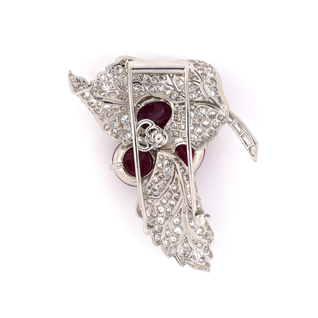 Art Deco Diamond Floral Leaf Pin with Changeable Sapphire & Ruby Centers