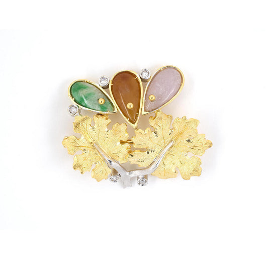 Estate Multi-Color Jadeite & Diamond Maple Leaf Pin