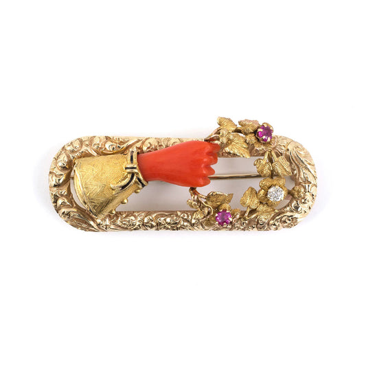 Estate Victorian Coral, Burma Ruby & Diamond Flower Pin