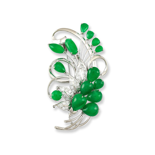 Multi-Shape Green Jade & Diamond Floral Brooch