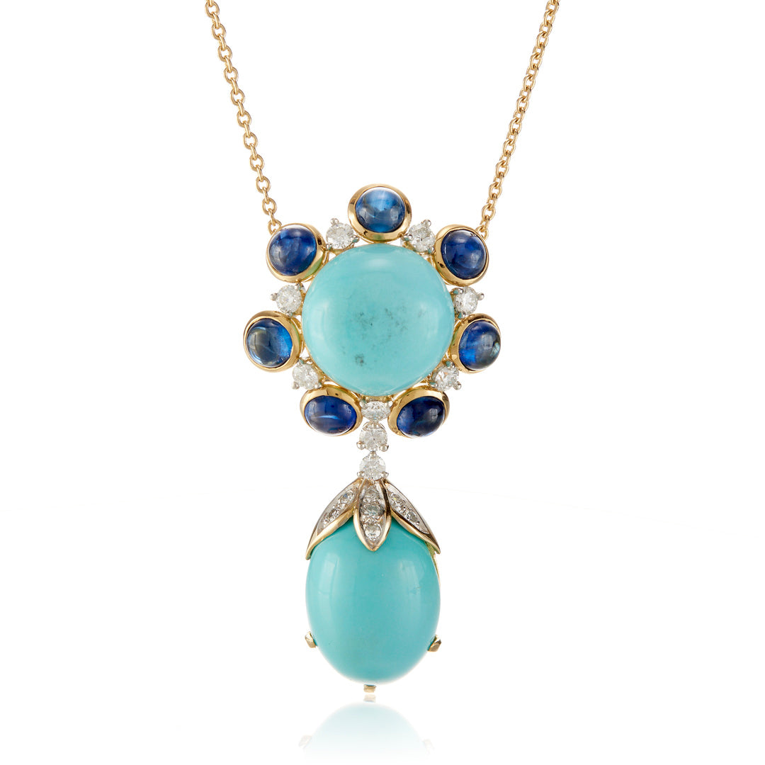 Estate Turquoise, Sapphire & Diamond Cluster Pendant Necklace