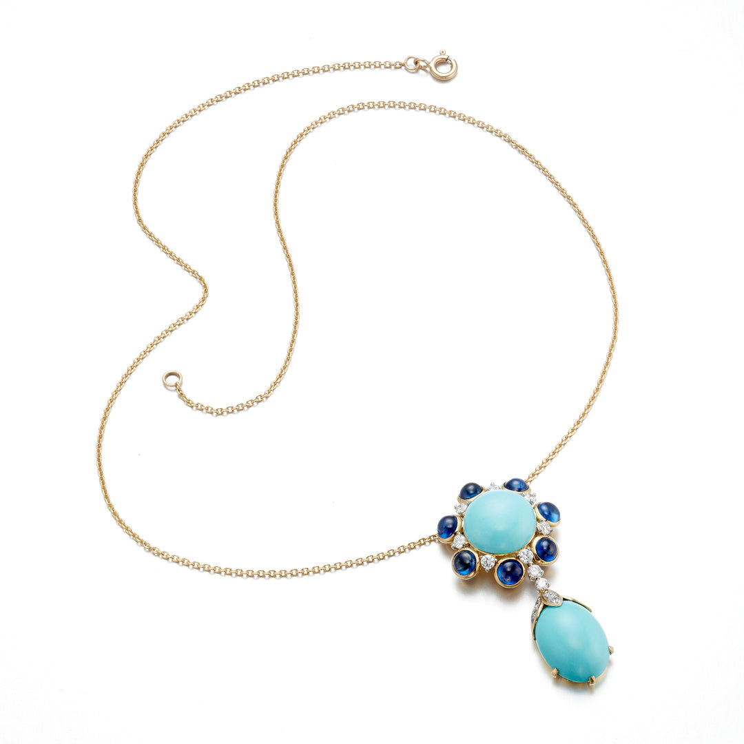 Turquoise, Sapphire & Diamond Cluster Pendant Necklace