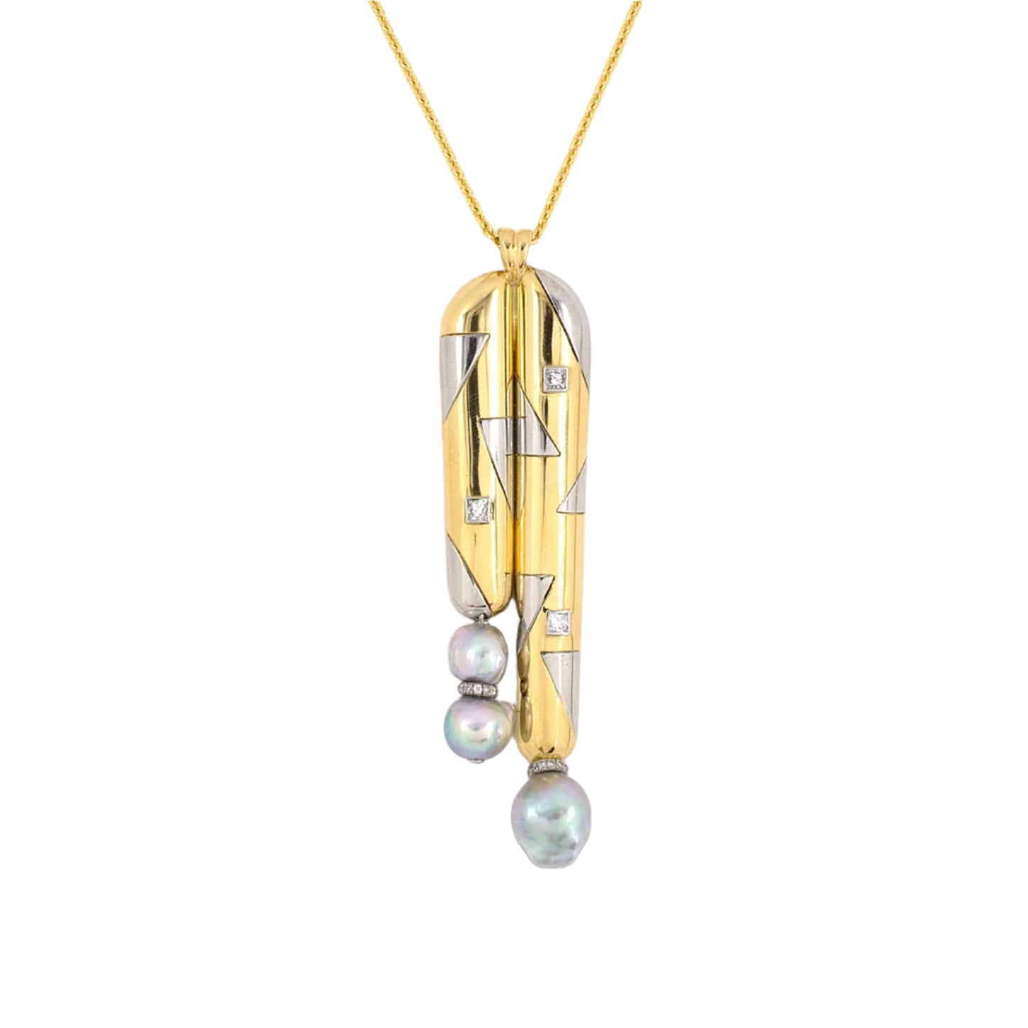 Estate Diamond & Baroque Pearl Geometric Drop Pendant Necklace