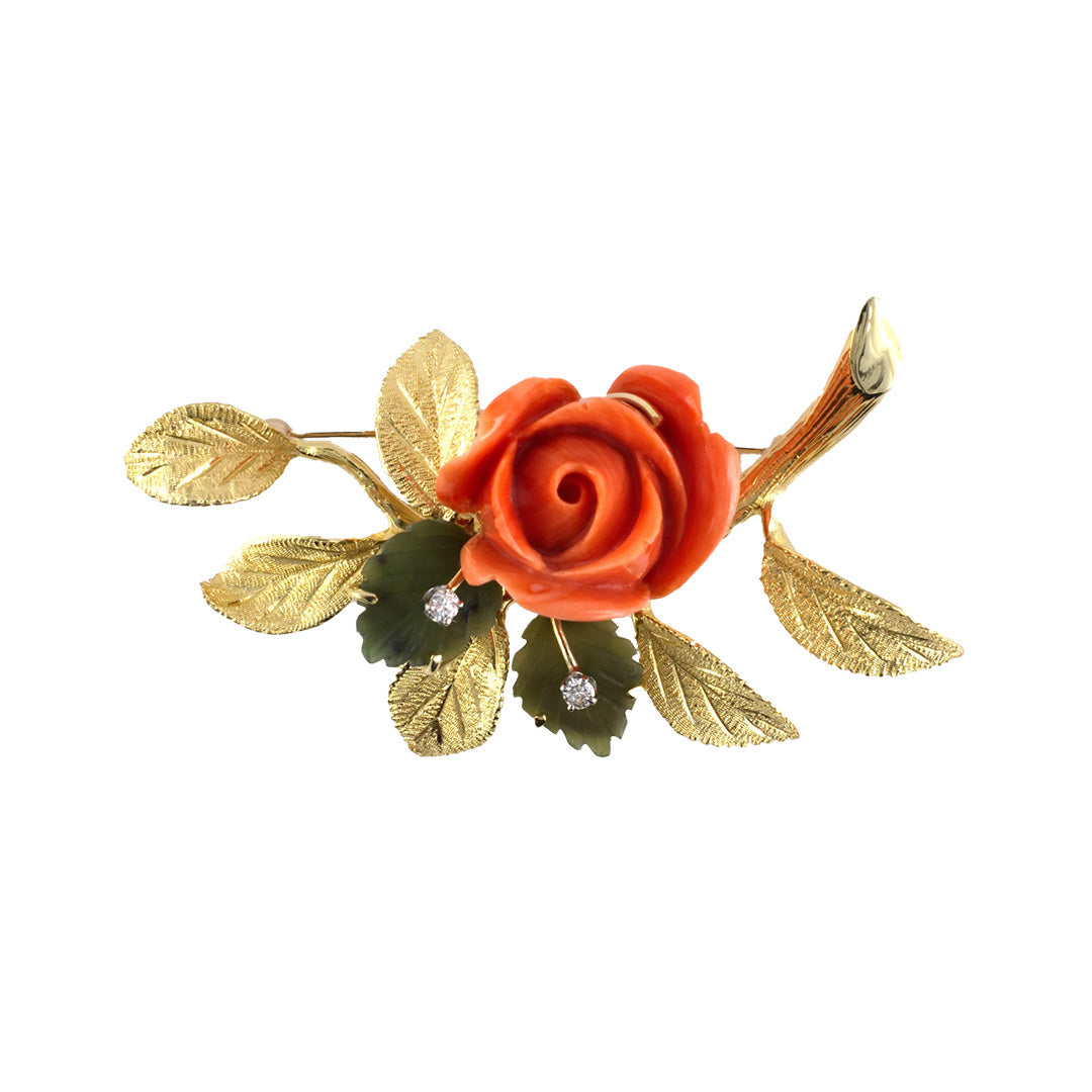 Estate Cellino Coral & Green Jade Rose Flower Pin