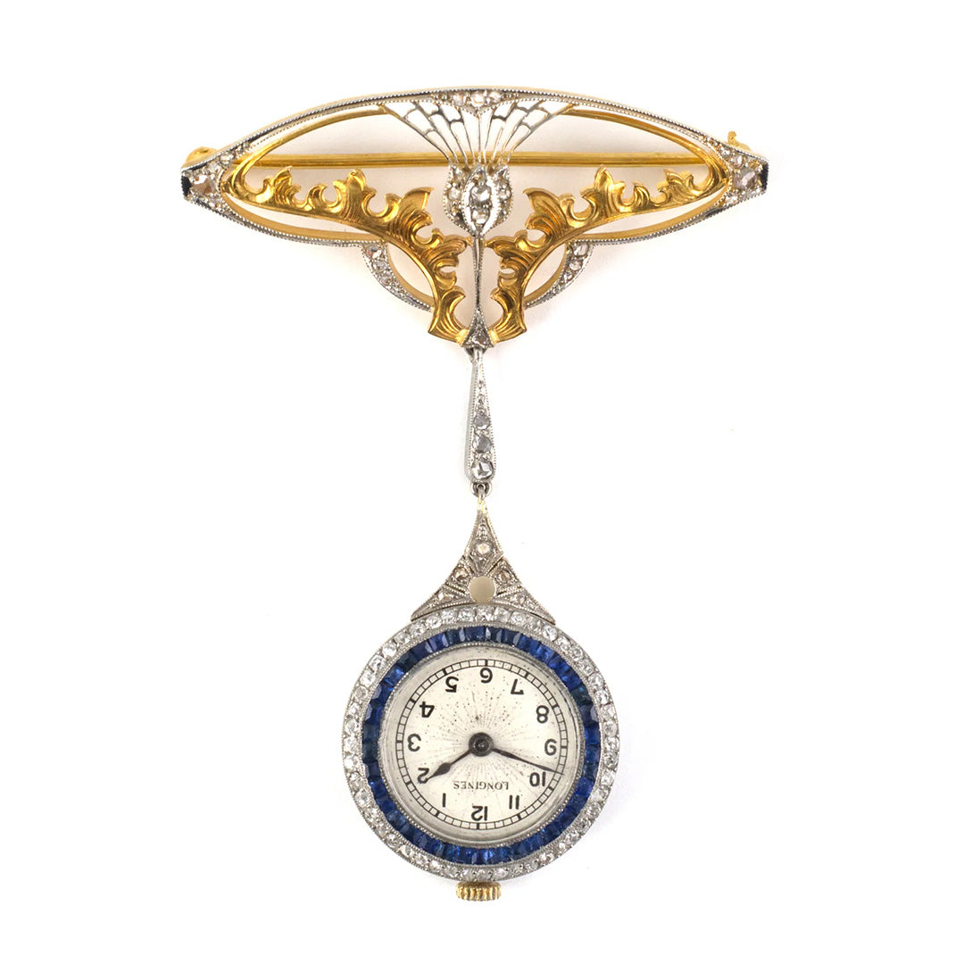 Estate Art Nouveau Longines Diamond & Sapphire Pendant Watch