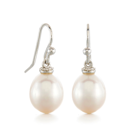 Gump's Signature Pearl & Diamond Silver Drop Earrings
