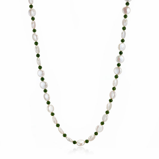 Coin Pearl & Green Nephrite Jade Rope Necklace