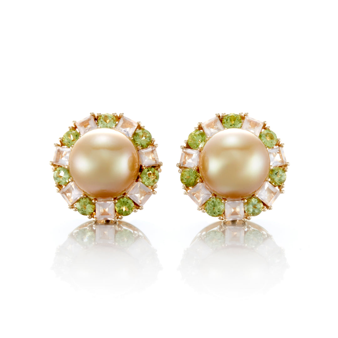 Golden South Sea Pearl, Peridot & Rose Quartz Earrings