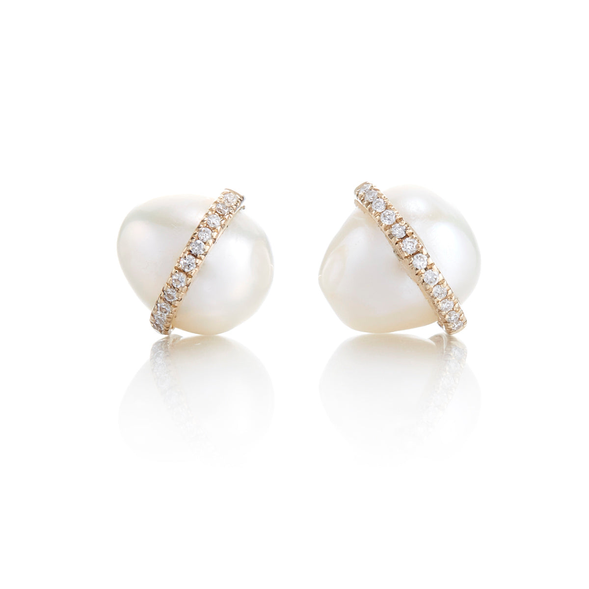 Diamond Bezel-Wrapped Pearl Stud Earrings