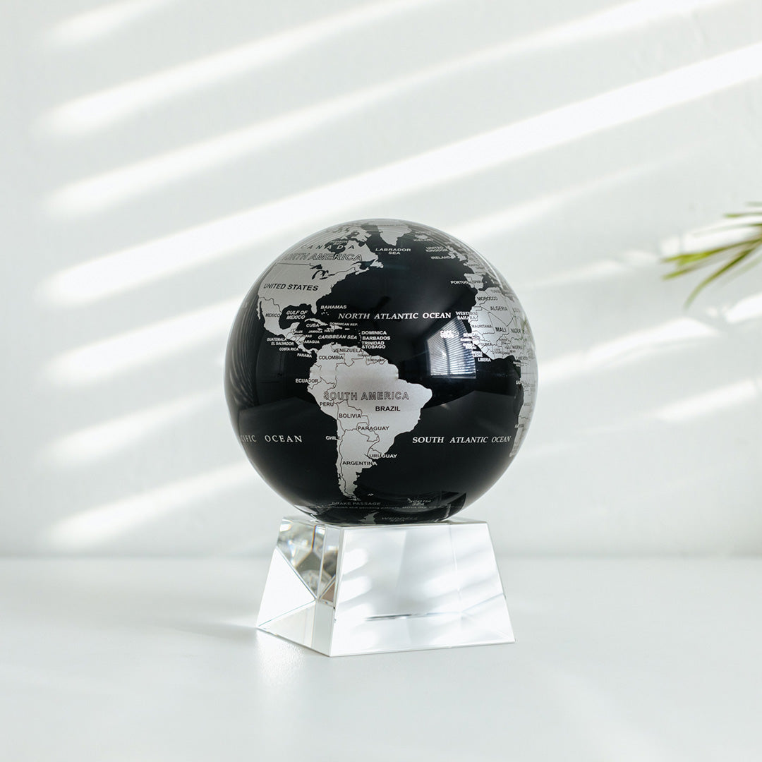 Earth Globe on Crystal Base, Black & Silver