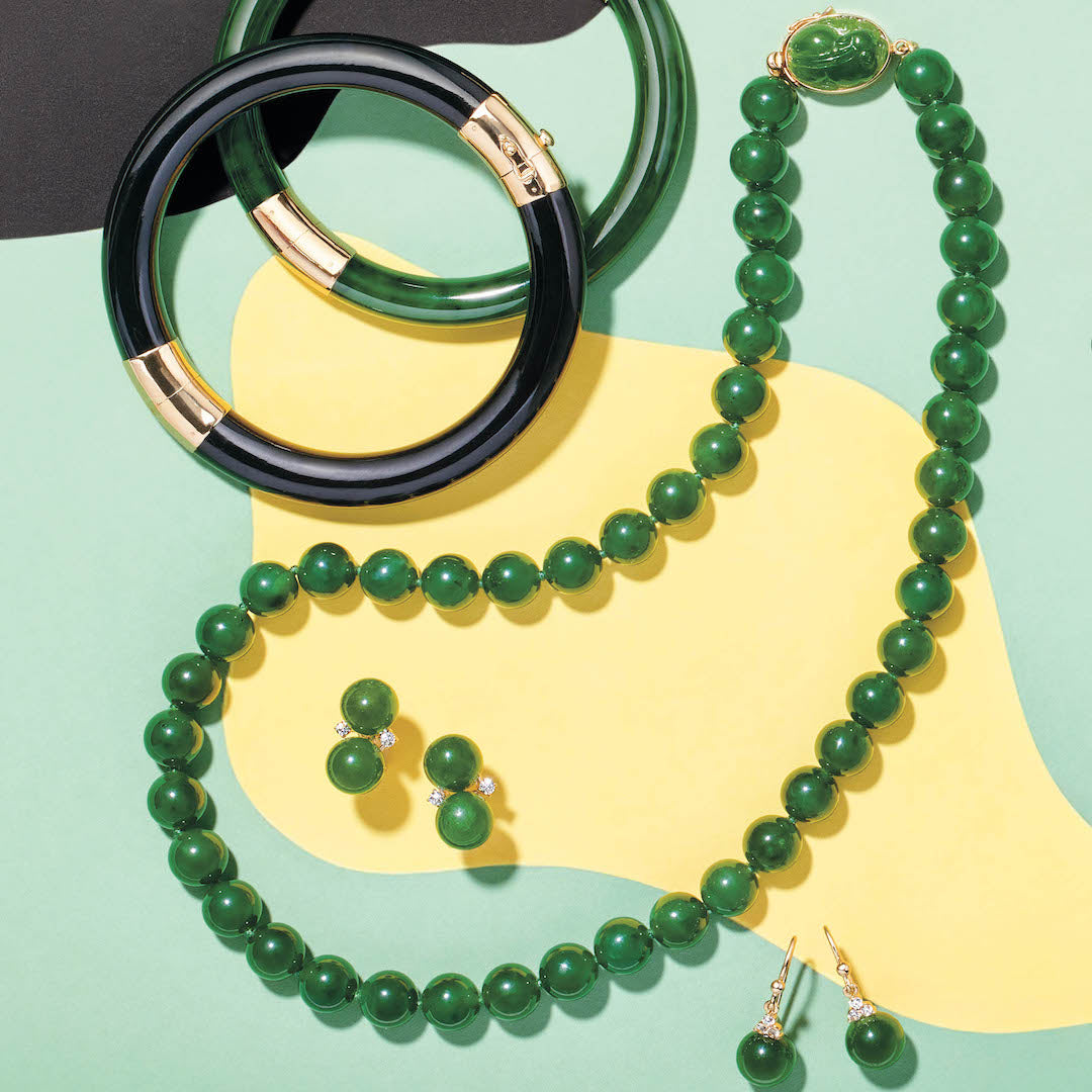 Madison Drop Earrings in Green Jade & Diamonds