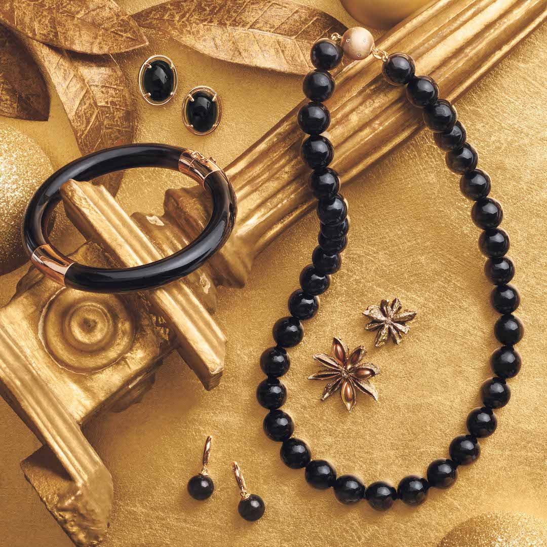 12mm Black Jade & Gold Necklace