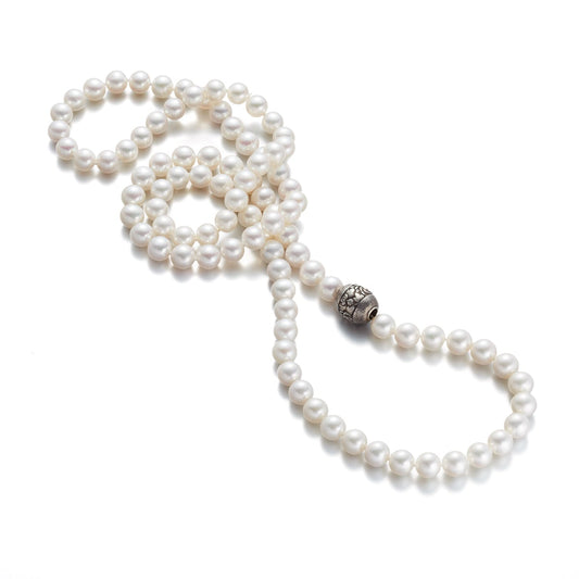 White Pearl Rope Necklace with Floral Ojime