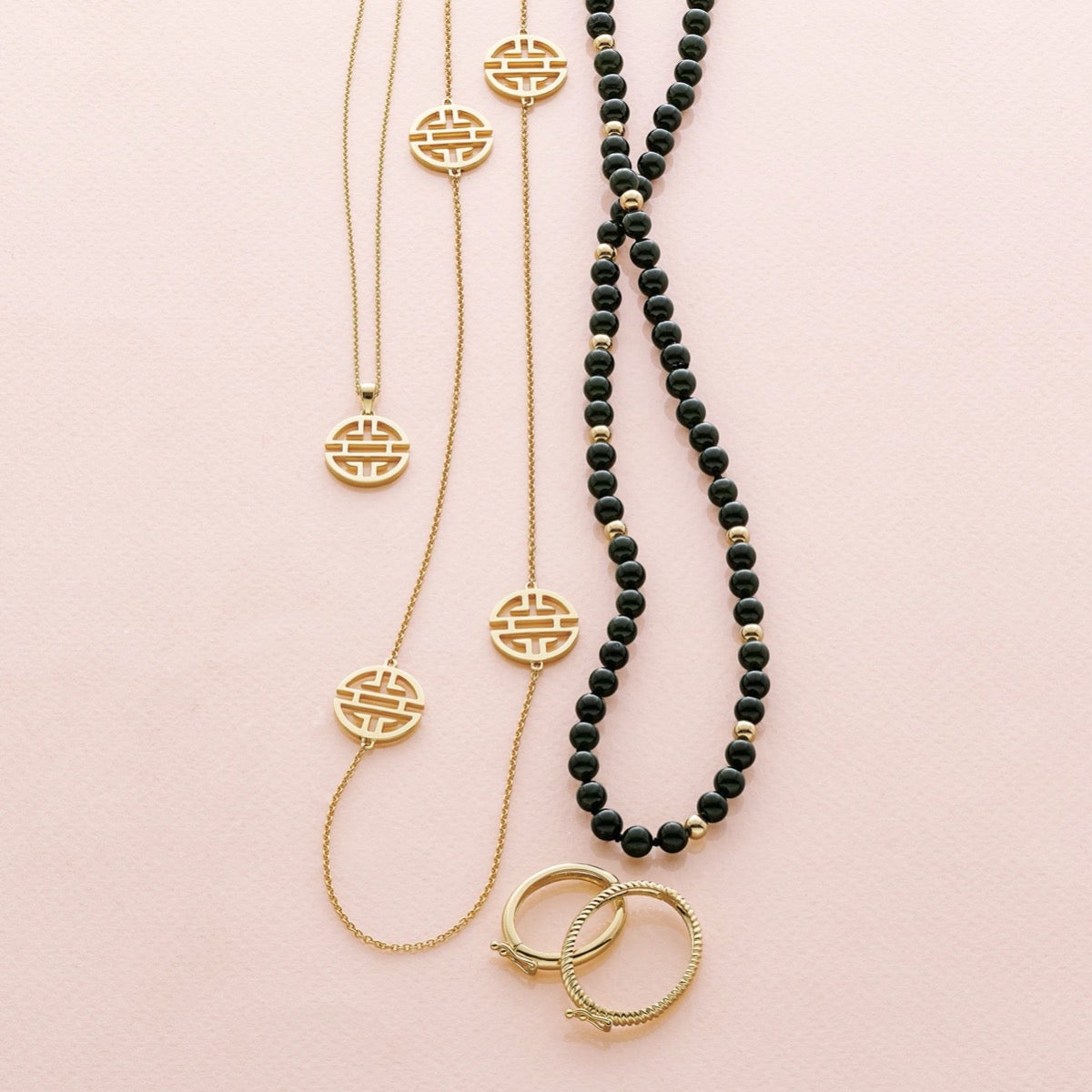 Long Six-Station Gold Shou Necklace