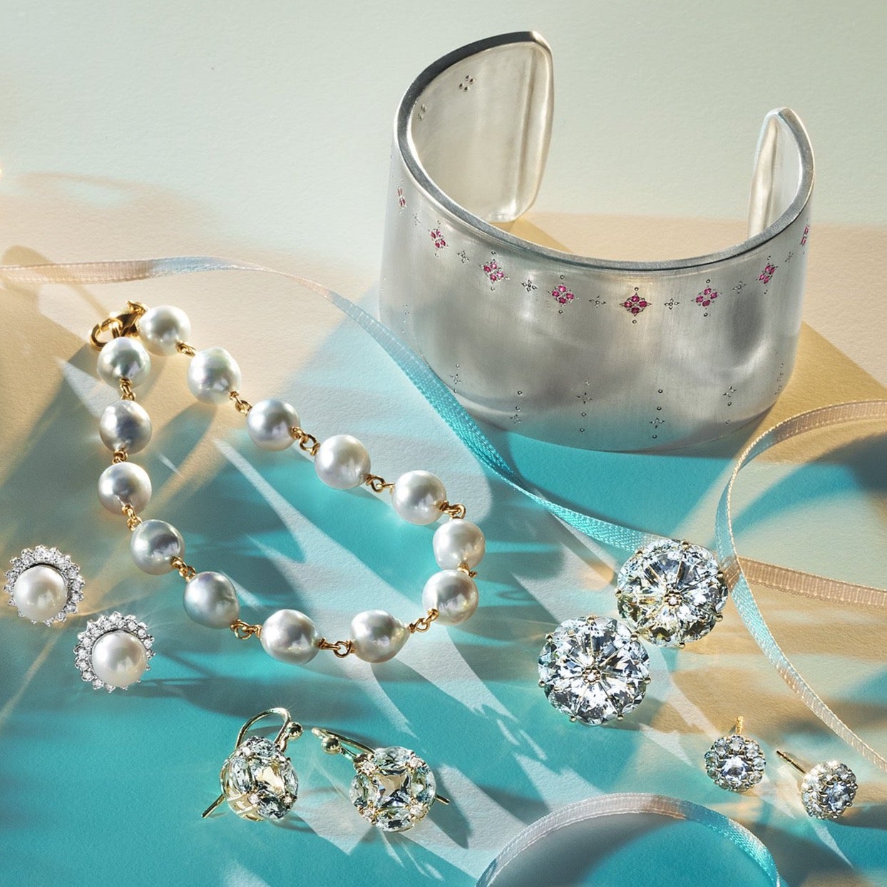 Quadrille Earrings in Aquamarine & Diamonds