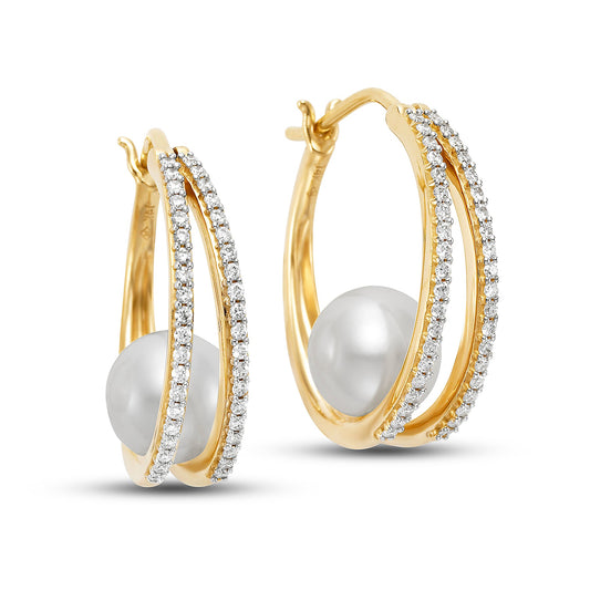 Pearl & Pavé Diamond Hoop Earrings