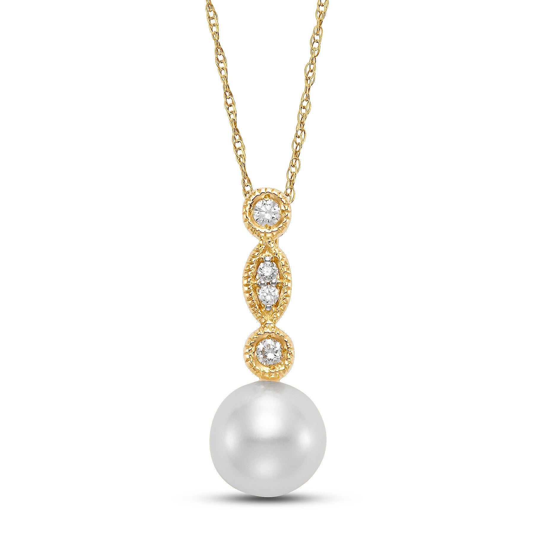 White Pearl & Diamond Millegrain Pendant Necklace