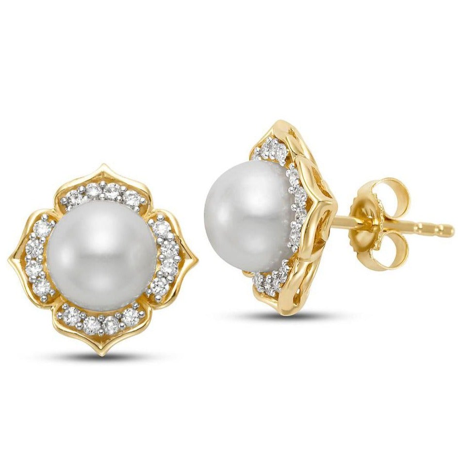 White Pearl & Diamond Blossom Earrings