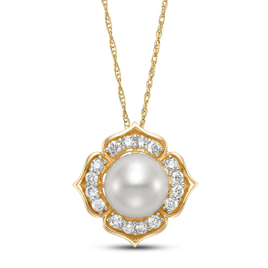 White Pearl & Diamond Blossom Pendant Necklace