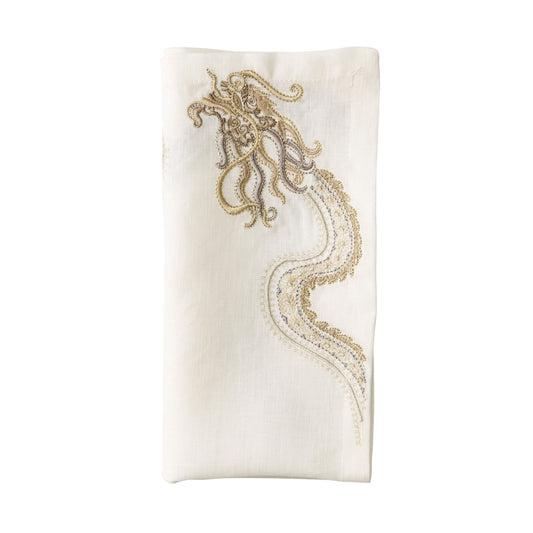 Kim Seybert Imperial Dragon Napkin, White/Gold/Silver