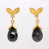 Black Diamond Briolette & White Diamond Leaf Earrings