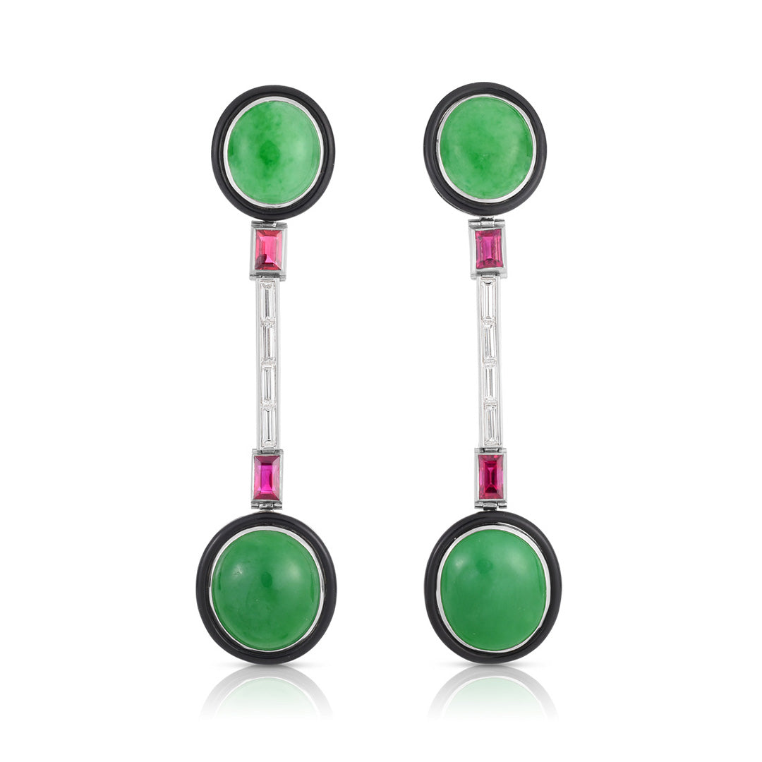 Cicada Art Deco Round Jade, Diamond & Ruby Earrings