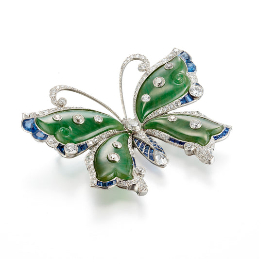 Cicada Green Jade & Diamond Butterfly Brooch