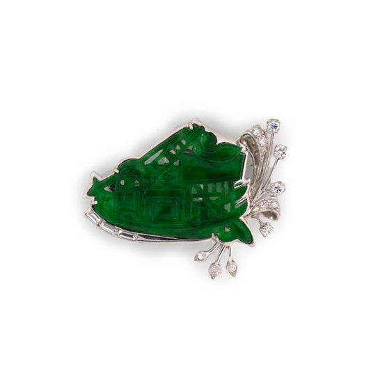 Estate Carved House Boat Jadeite & Diamond Spray Pin