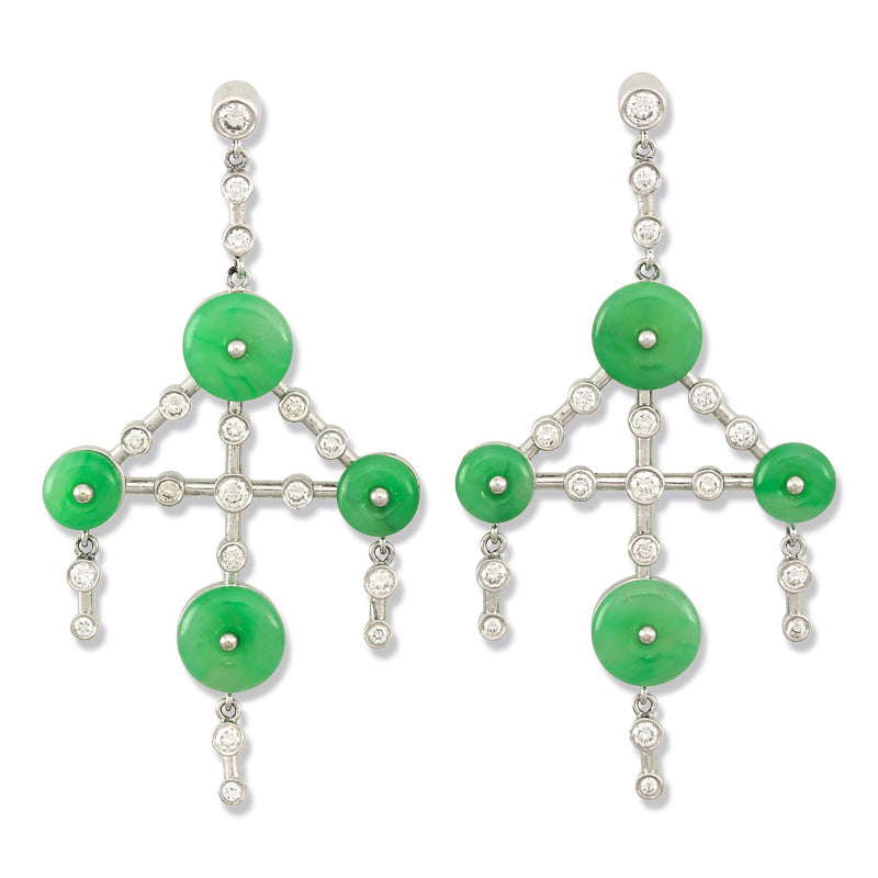 Apple Green Jade Disc & Diamond Chandelier Earrings