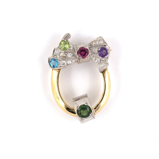 Estate Retro Diamond & Multi-Color Gemstone Bow Circle Pin