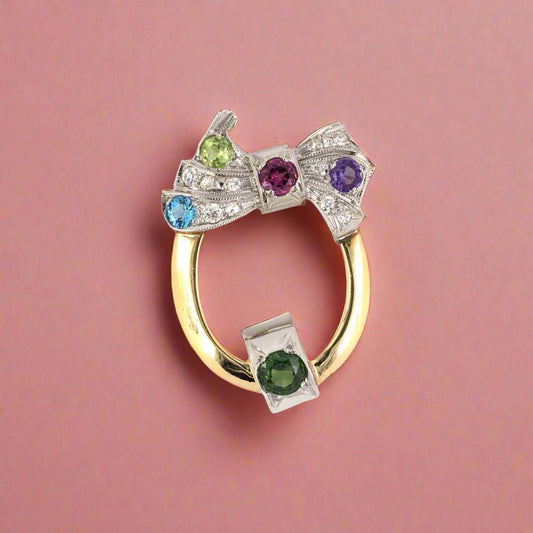 Retro Diamond & Multi-Color Gemstone Bow Circle Pin