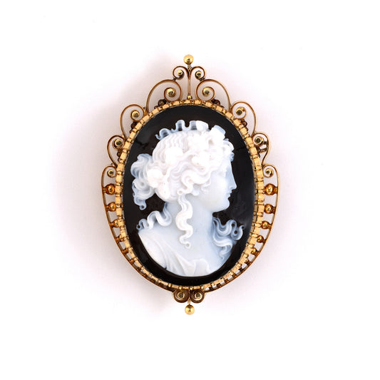 Victorian Agate Cameo Pin-Pendant Necklace