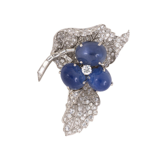 Art Deco Diamond Floral Leaf Pin with Changeable Sapphire & Ruby Centers