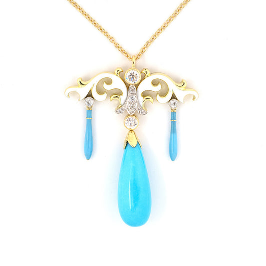 Estate Diamond, Turquoise & Enamel Drop Dangle Pendant Necklace