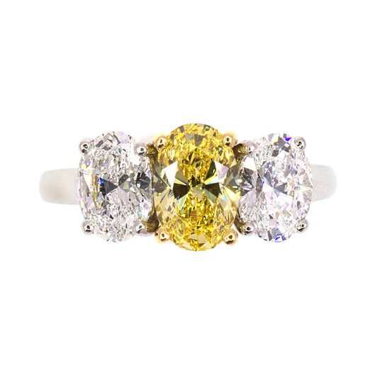 Oval Diamond 3-Stone Ring with Fancy Vivid Yellow Diamond