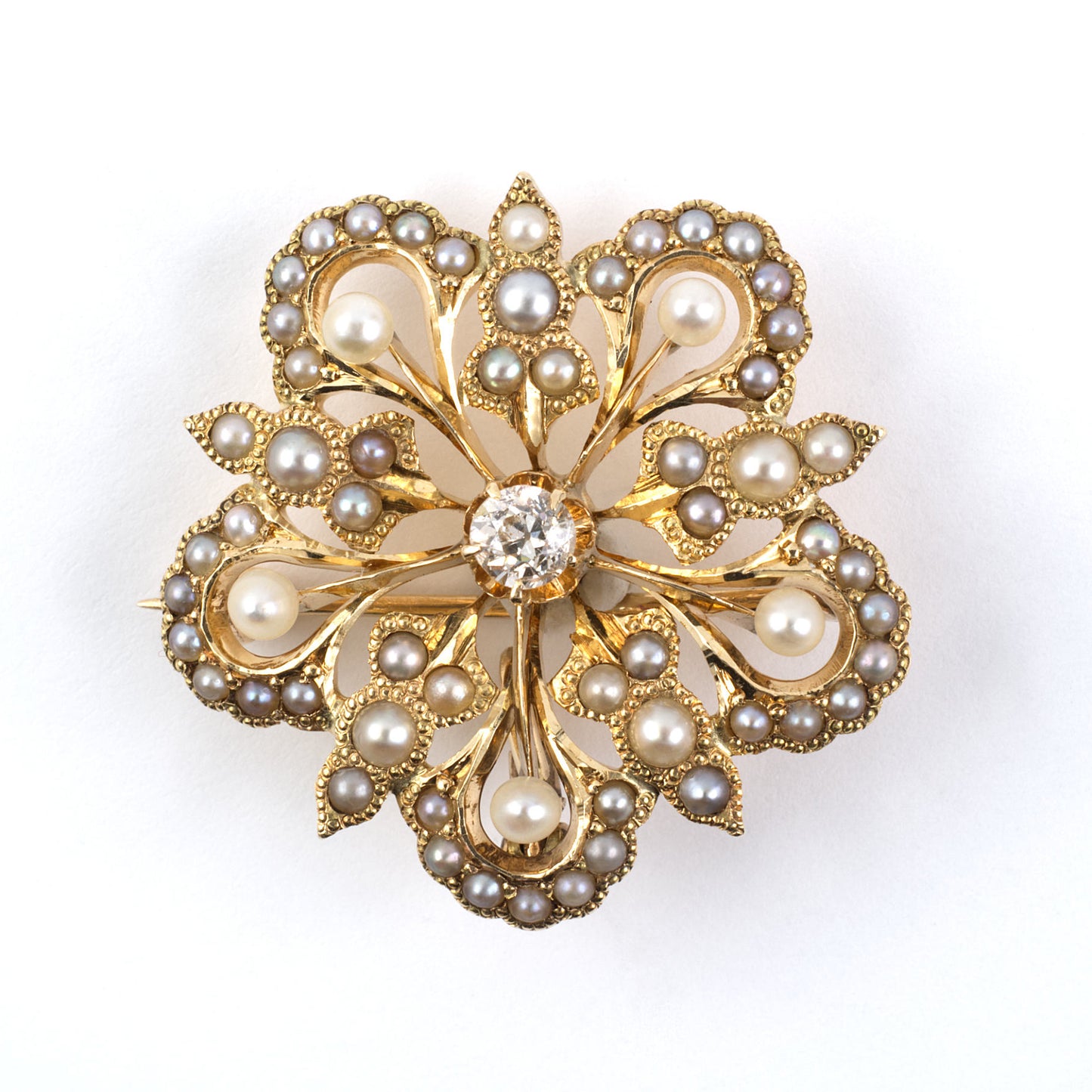 Estate Victorian Diamond & Pearl Floral Starburst Pin Pendant