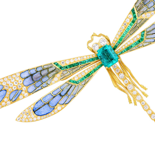 Plique-à-Jour Emerald & Diamond Dragonfly Brooch