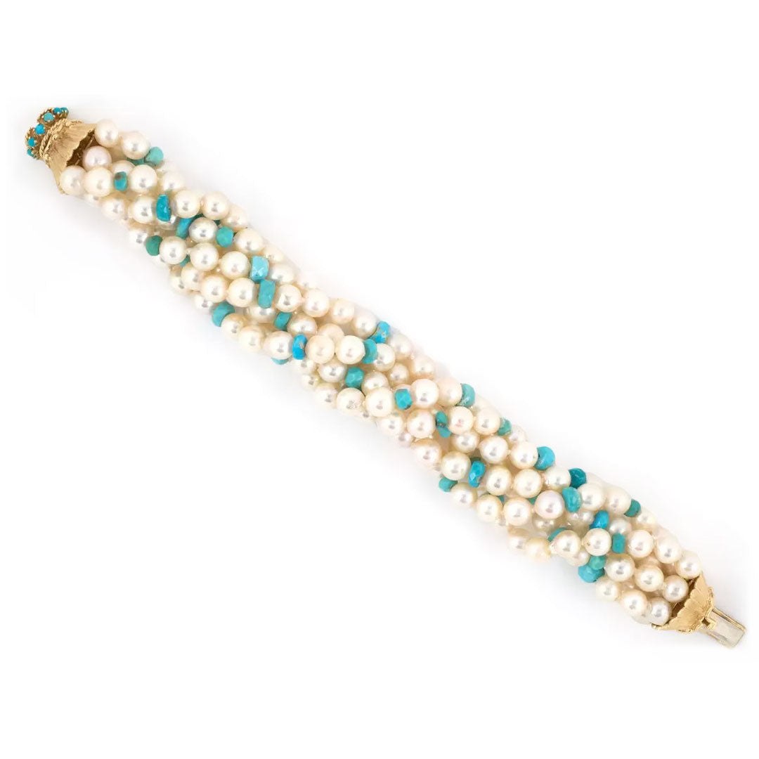 Estate Akoya Pearl & Turquoise Torsade Bracelet