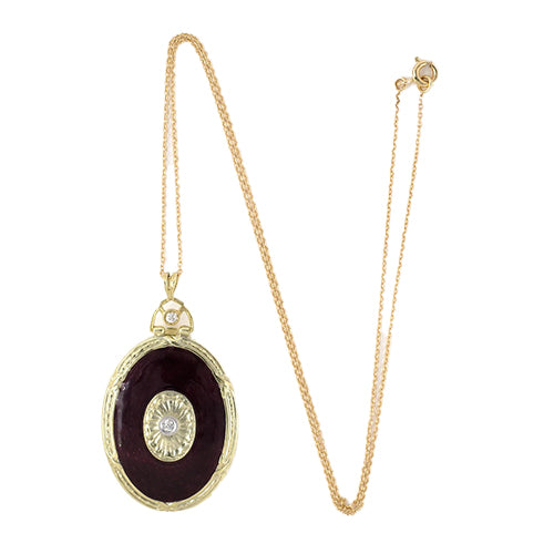Estate Victorian Enamel & Diamond Locket Pendant Necklace