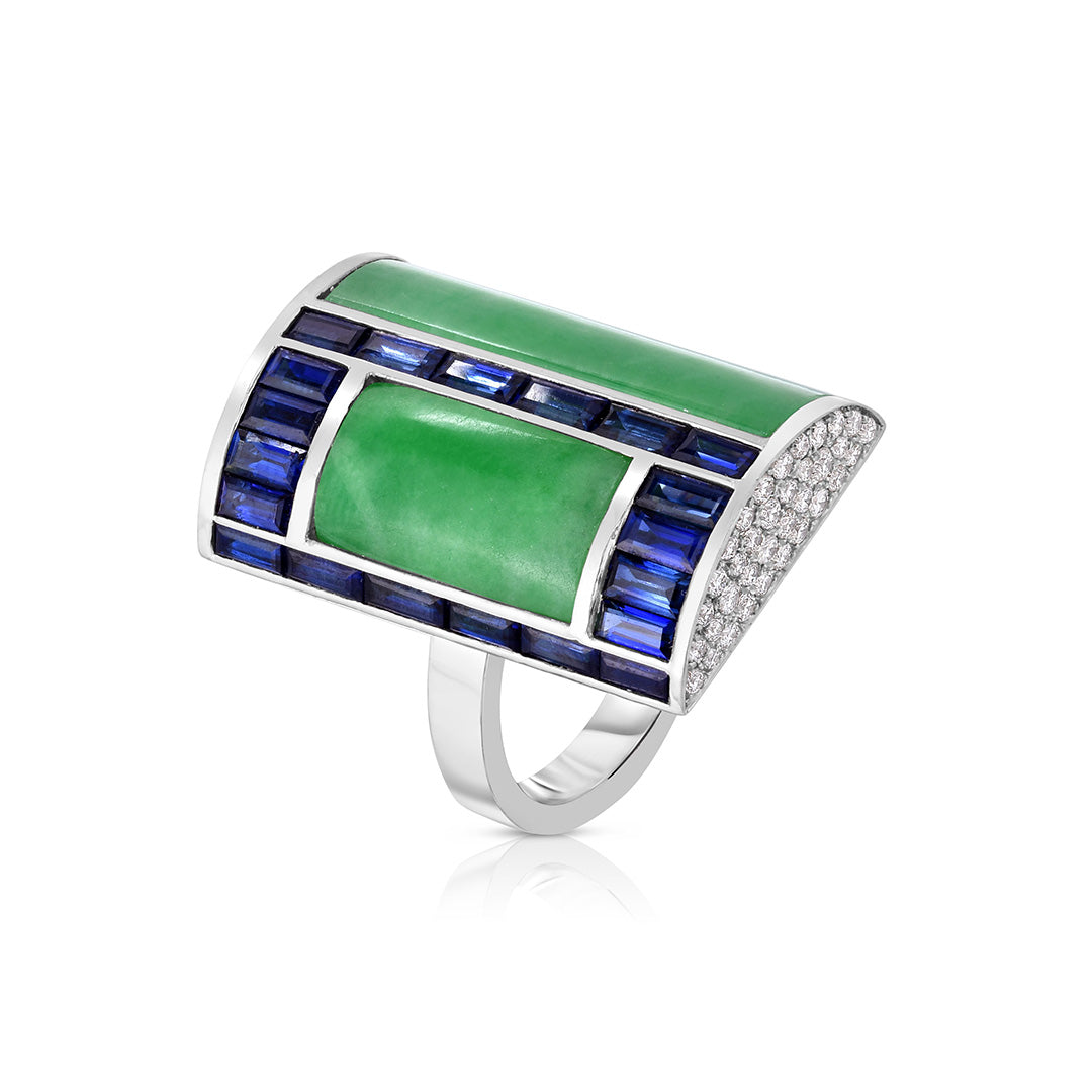 Green Jade, Sapphire & Diamond Ring