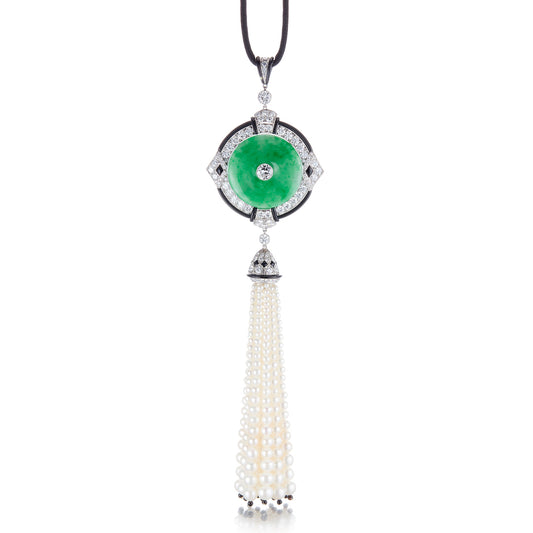 Cicada Jade, Diamond & Pearl Tassel Necklace