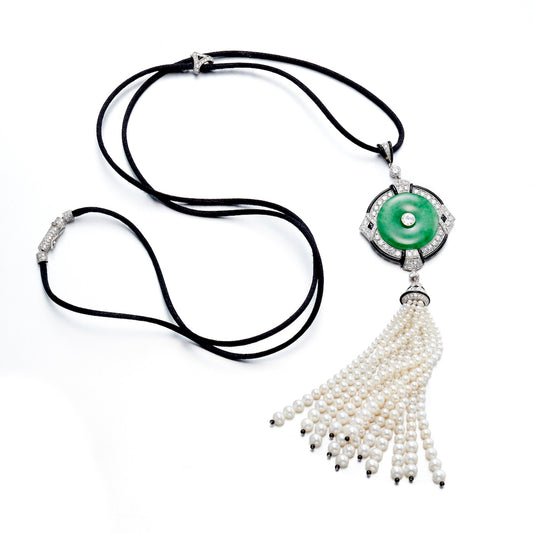 Jade, Diamond & Pearl Tassel Necklace