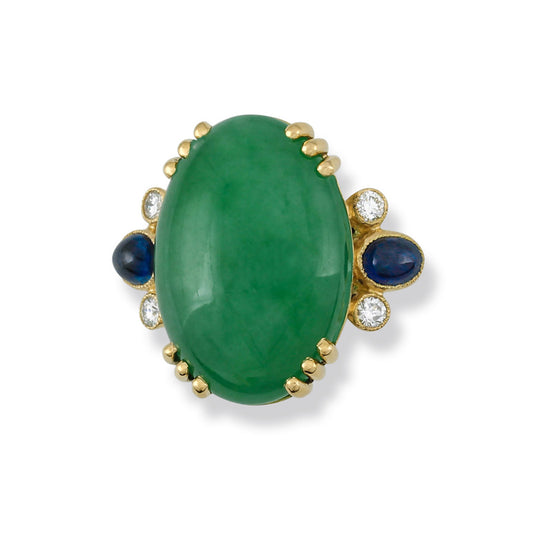 Oval Green Jade Ring with Diamonds & Sapphires