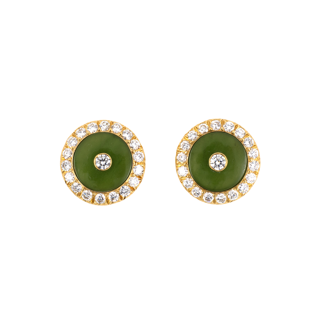 Estate Green Nephrite Jade & Diamond Circle Cuff Links