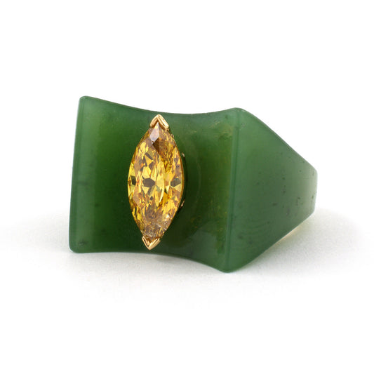 Estate Green Nephrite Jade & Fancy Orangy-Yellow Diamond Ring