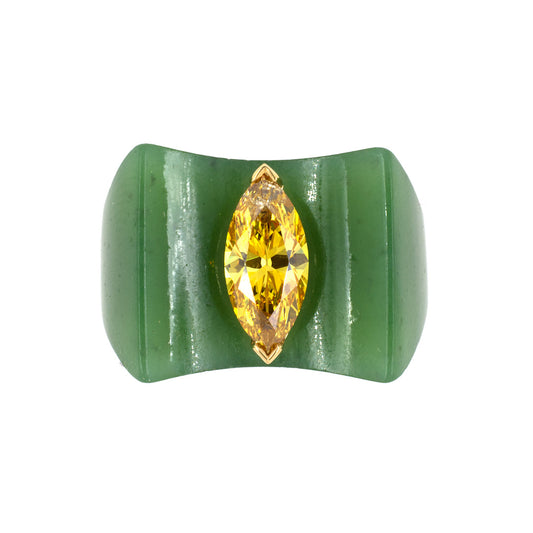 Green Nephrite Jade & Fancy Orangy-Yellow Diamond Ring