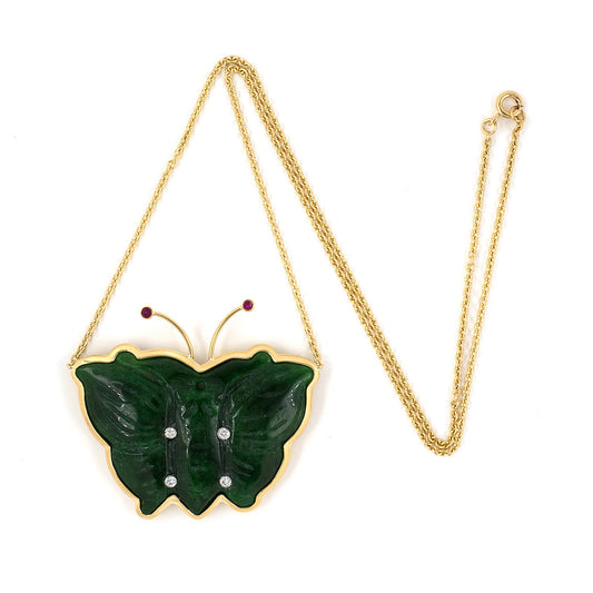Estate Carved Green Jadeite Butterfly Pendant Necklace