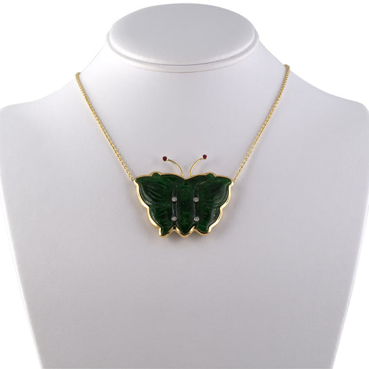 Carved Green Jadeite Butterfly Pendant Necklace